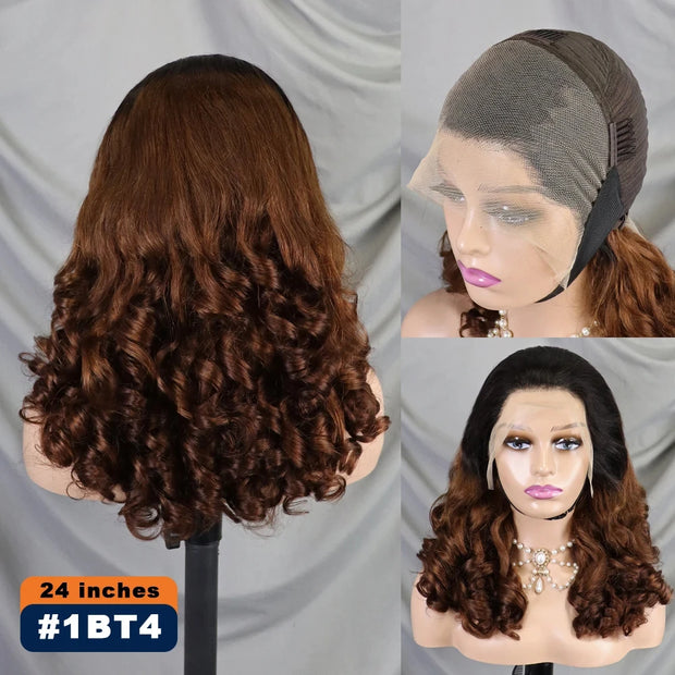 300% Density Chocolate Brown Bouncy Curly Human Hair Wig 13x4 Transparent Loose Wave Lace Frontal Wig for Women Preplucked Remy