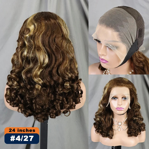 300% Density Chocolate Brown Bouncy Curly Human Hair Wig 13x4 Transparent Loose Wave Lace Frontal Wig for Women Preplucked Remy