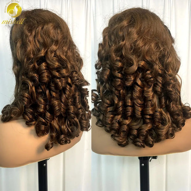 300% Density Chocolate Brown Bouncy Curly Human Hair Wig 13x4 Transparent Loose Wave Lace Frontal Wig for Women Preplucked Remy