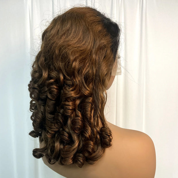 300% Density Chocolate Brown Bouncy Curly Human Hair Wig 13x4 Transparent Loose Wave Lace Frontal Wig for Women Preplucked Remy