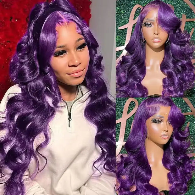 Dark Purple Body Wave Human Hair Wigs 13x4 HD Lace Frontal Human Hair Wig 200% Colored Body Wave Lace Front Wig For Women