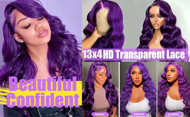Dark Purple Body Wave Human Hair Wigs 13x4 HD Lace Frontal Human Hair Wig 200% Colored Body Wave Lace Front Wig For Women