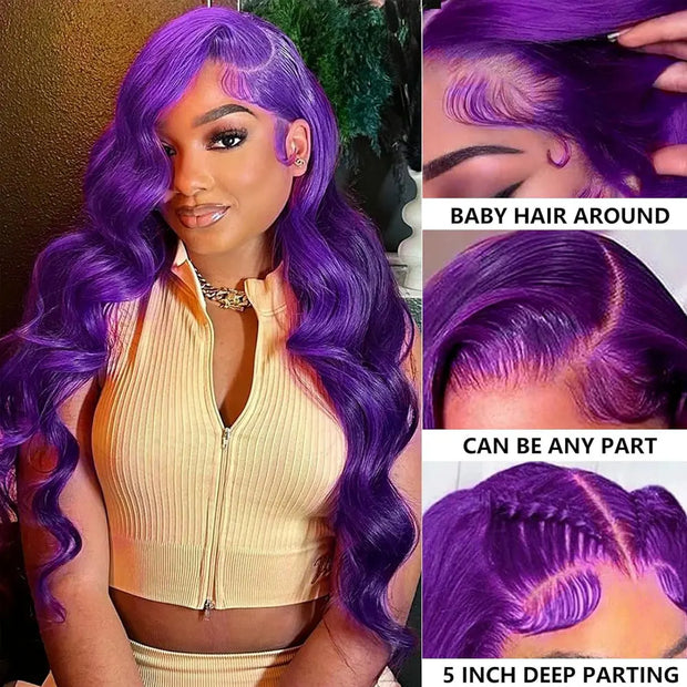 Dark Purple Body Wave Human Hair Wigs 13x4 HD Lace Frontal Human Hair Wig 200% Colored Body Wave Lace Front Wig For Women