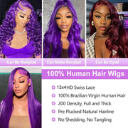 Dark Purple Body Wave Human Hair Wigs 13x4 HD Lace Frontal Human Hair Wig 200% Colored Body Wave Lace Front Wig For Women