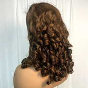 300% Density Chocolate Brown Bouncy Curly Human Hair Wig 13x4 Transparent Loose Wave Lace Frontal Wig for Women Preplucked Remy