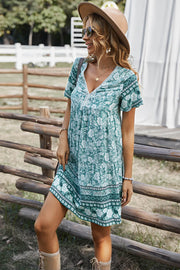 Bohemian Print Gathered Bust Mini Dress - Summer Dress - Beach Dress