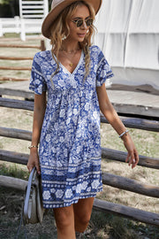 Bohemian Print Gathered Bust Mini Dress - Summer Dress - Beach Dress