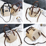 2021 New women's bag hand-woven contrast color bucket straw bag cylinder handbag diagonal shoulder beach bag
