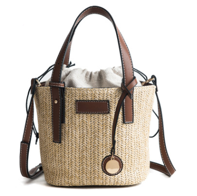 2021 New women's bag hand-woven contrast color bucket straw bag cylinder handbag diagonal shoulder beach bag