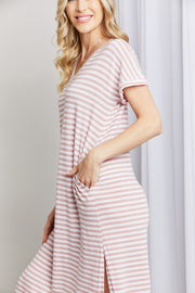 Heimish Full Size Horizontal Stripe Side Slit V-Neck Dress
