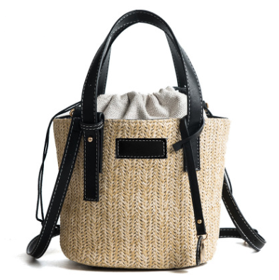 2021 New women's bag hand-woven contrast color bucket straw bag cylinder handbag diagonal shoulder beach bag