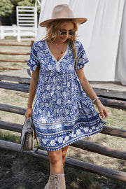 Bohemian Print Gathered Bust Mini Dress - Summer Dress - Beach Dress