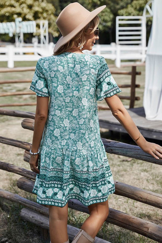 Bohemian Print Gathered Bust Mini Dress - Summer Dress - Beach Dress