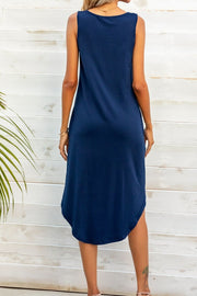 Buttoned V-Neck Curved Hem Sleeveless Dress
