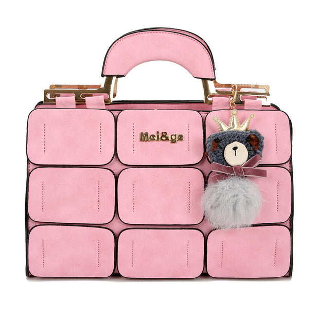 Women Bags2021 New Nine Square Grid Stitching Shoulder Bag European And American Woolen Bear Hair Ball Handbag Messenger Bag