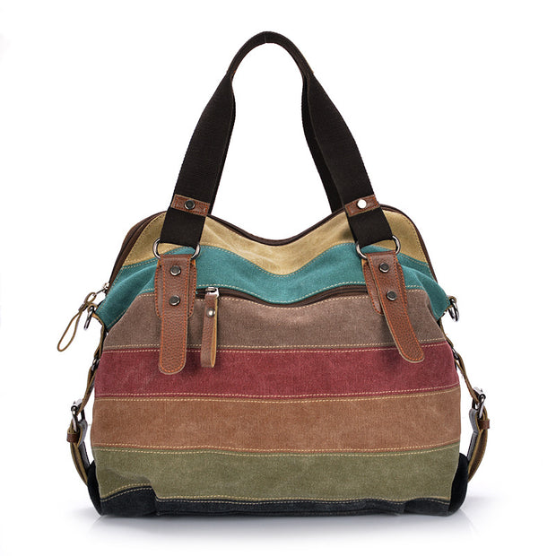 KVKY Brand Fashion Canvas Bag Brand Women Handbag Classic Patchwork Casual Female Shoulder Bags Striped Rainbow Purse Pouch