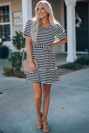 Striped Tie-Waist Frill Trim V-Neck Dress