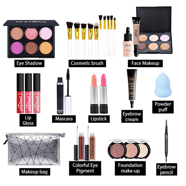 ALL IN ONE Makeup Kit Eyeshadow Eyeliner Foundation Cream Makeup Bag Concealer Lipstick Brush Make Up Kit With Makeup Bag