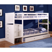OS Home and Office Furniture Model 0217TTTRU-22, Solid Pine Mission Staircase Twin over Twin Bunk Bed with Four Drawer Chest and a Roll Out Twin Trundle bed in Casual White.