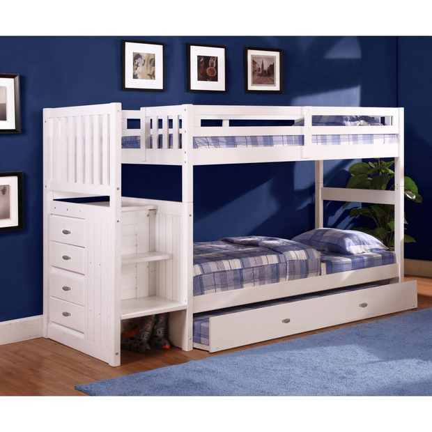 OS Home and Office Furniture Model 0217TTTRU-22, Solid Pine Mission Staircase Twin over Twin Bunk Bed with Four Drawer Chest and a Roll Out Twin Trundle bed in Casual White.