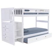 OS Home and Office Furniture Model 0217TTTRU-22, Solid Pine Mission Staircase Twin over Twin Bunk Bed with Four Drawer Chest and a Roll Out Twin Trundle bed in Casual White.