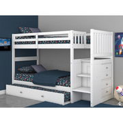 OS Home and Office Furniture Model 0217TTTRU-22, Solid Pine Mission Staircase Twin over Twin Bunk Bed with Four Drawer Chest and a Roll Out Twin Trundle bed in Casual White.