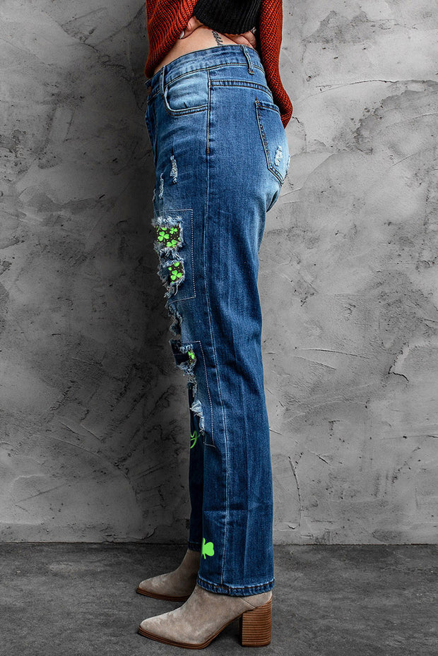 Printed Patch Distressed Boyfriend Jeans