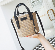 2021 New women's bag hand-woven contrast color bucket straw bag cylinder handbag diagonal shoulder beach bag