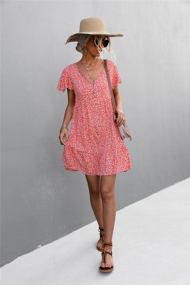 Floral Buttoned V-Neck Flutter Sleeve Dress