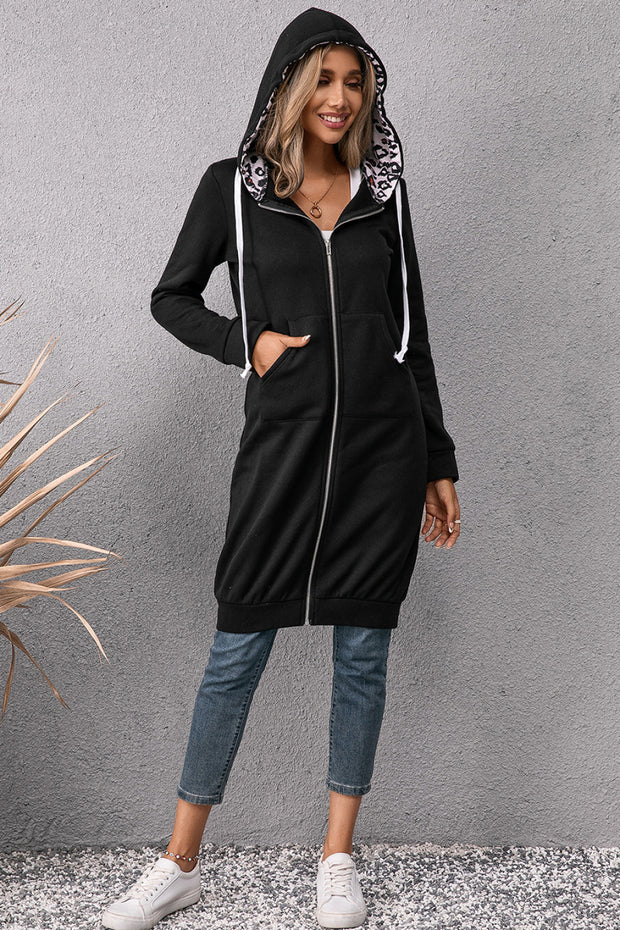 APsavings Leopard Spliced Drawstring Zip Up Hoodie Dress