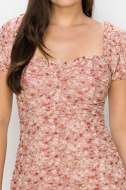 Ruched Floral Ruffled Bodycon Dress