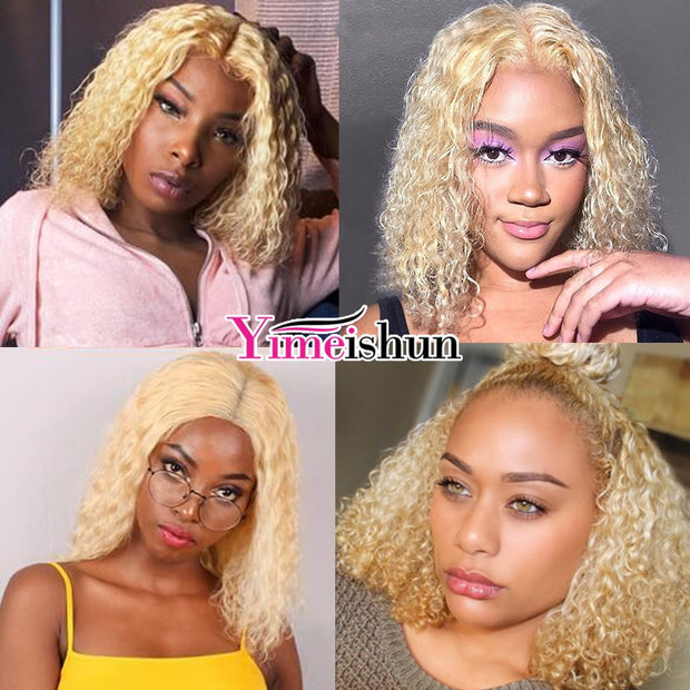 Kinky Curly Wig Blonde Bob Wig Brazilian 13x4 Lace Frontal Human Hair Wigs Blonde Curly Human Hair Wig With Frontal Yimeishun
