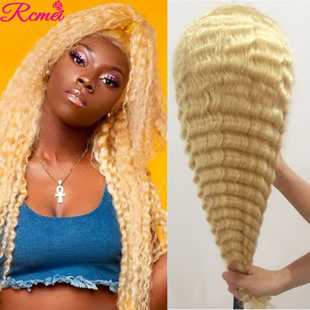 42&#39;&#39; 13X4 Deep Wave 613 Blonde Lace Front Human Hair Wigs Pre Plucked With Baby Hair Curly Lace Frontal Wig Remy Brazilian 150