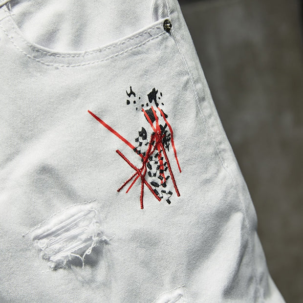 Mode à la mode broderie lettres hommes collège garçons maigre piste fermeture éclair Denim pantalon détruit déchiré jean noir blanc jean