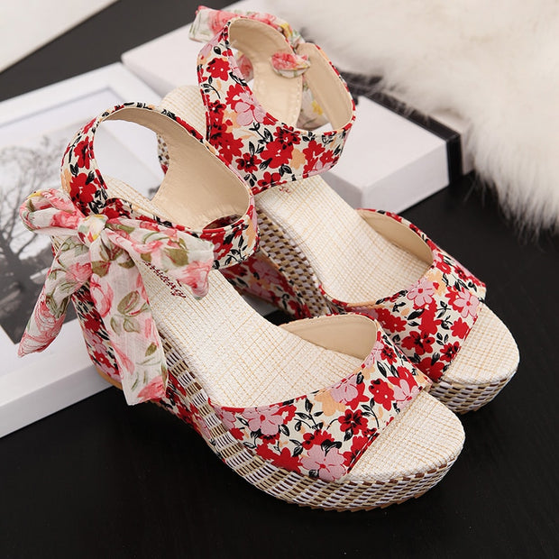 Women Sandals Dot Bowknot Design Platform Wedge Female Casual High Increas Shoes Ladies Fashion Ankle Strap Open Toe Sandals