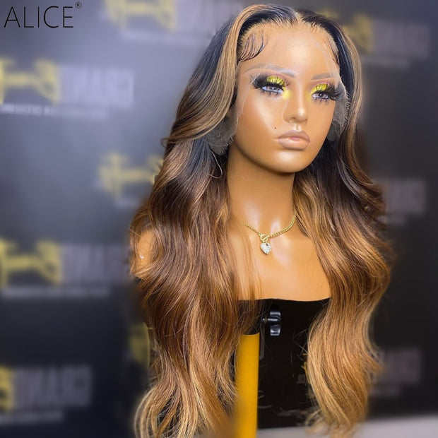 ALICE Highlight Wave 13x4 Lace Front Human Hair Wigs 180 Density Brazilian Hair With Baby Hair Pre-Plucked For Black Women