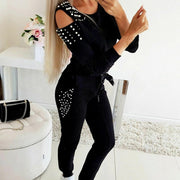 Tracksuit Women Two Piece Set Beading Decor Cold Shoulder Long Sleeve Top + Pants Jogger Suit Female Casual Lounge Wear Outfits