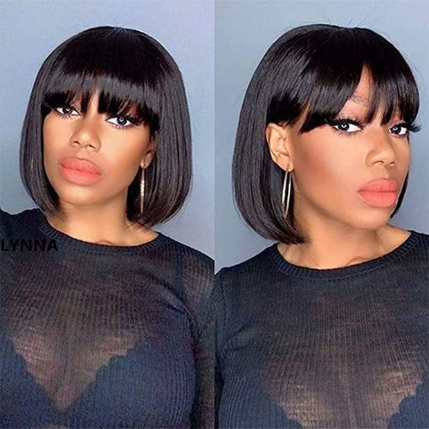 Short Bob Wigs For Black Women Natural Black Brazilian Straight Human hair Wigs With Bangs Full Machine Made Glueless Fringe Wig