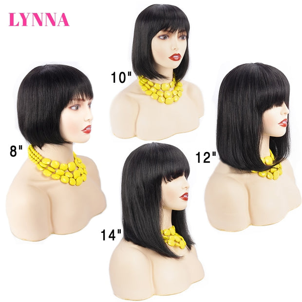 Short Bob Wigs For Black Women Natural Black Brazilian Straight Human hair Wigs With Bangs Full Machine Made Glueless Fringe Wig