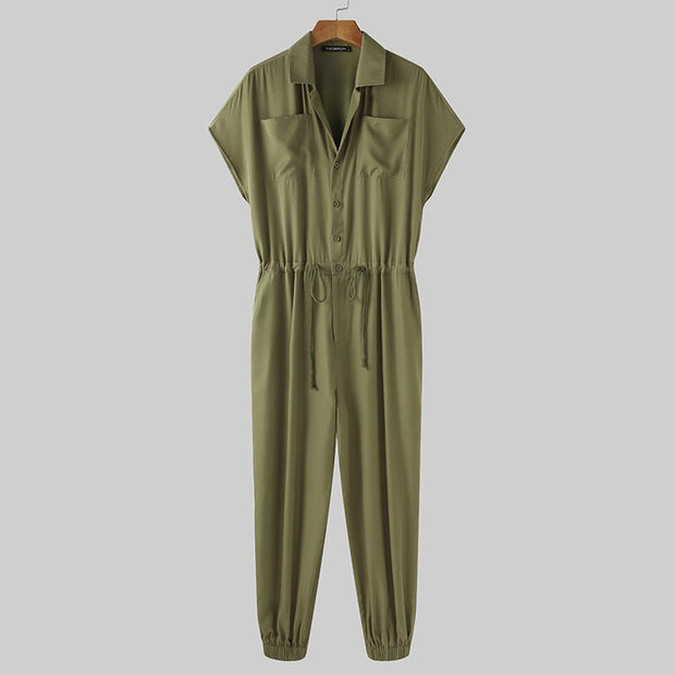 INCERUN Summer Men Casual Jumpsuits Solid Shortsleeve Streetwear Thin Rompers Loose Breathable Button Men Cargo Overalls S-5XL