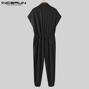 INCERUN Summer Men Casual Jumpsuits Solid Shortsleeve Streetwear Thin Rompers Loose Breathable Button Men Cargo Overalls S-5XL