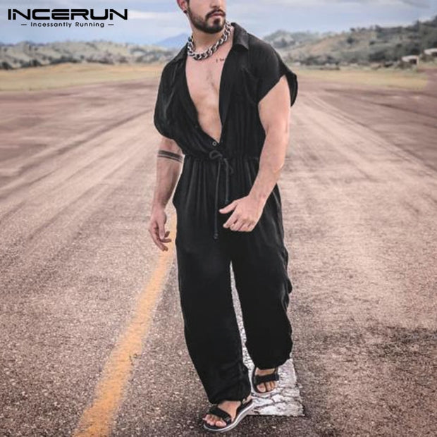 INCERUN Summer Men Casual Jumpsuits Solid Shortsleeve Streetwear Thin Rompers Loose Breathable Button Men Cargo Overalls S-5XL