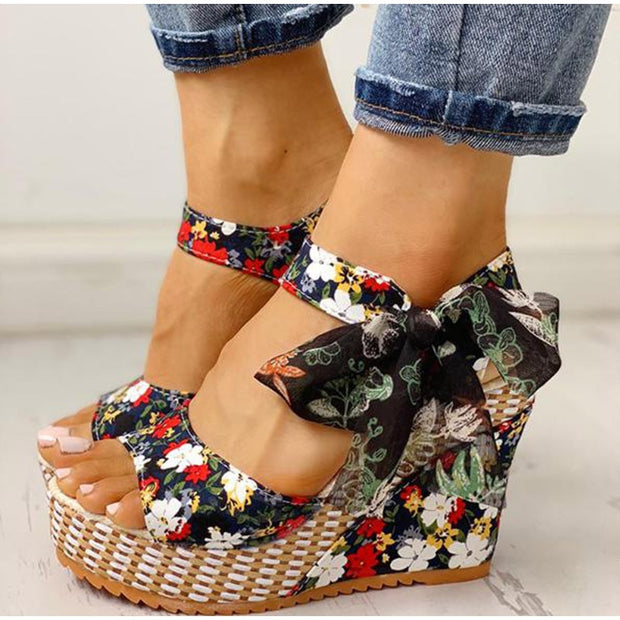 Women Sandals Dot Bowknot Design Platform Wedge Female Casual High Increas Shoes Ladies Fashion Ankle Strap Open Toe Sandals