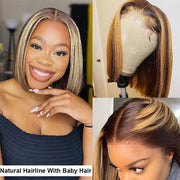 13X4 Highlight Lace Front Wig Bone Straight Human Hair Wigs Honey Blonde Brown 150% Ombre Highlight Bob 4x4 Lace Closure Wig