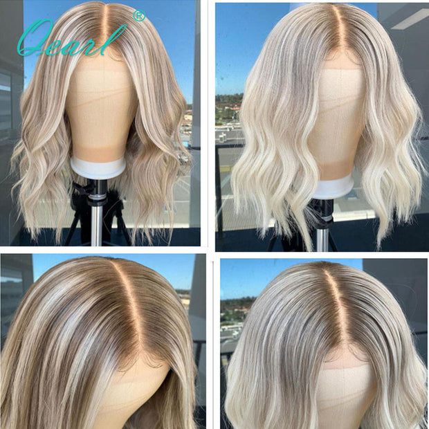 Women&quot;s Human Hair Lace Wigs Short Bob Lace Part Frontal Wig Ombre Ash Blonde Grey Highlights 13x1 Wavy Virgin Hair 150% Qearl