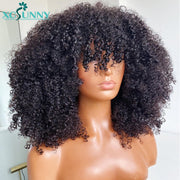 Afro Kinky Curly Wig With Bangs Full Machine Made Scalp Top Wig 200 Density Remy Brazilian Short Curly Human Hair Wigs Xcsunny