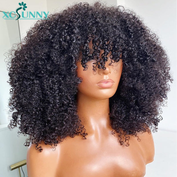 Afro Kinky Curly Wig With Bangs Full Machine Made Scalp Top Wig 200 Density Remy Brazilian Short Curly Human Hair Wigs Xcsunny