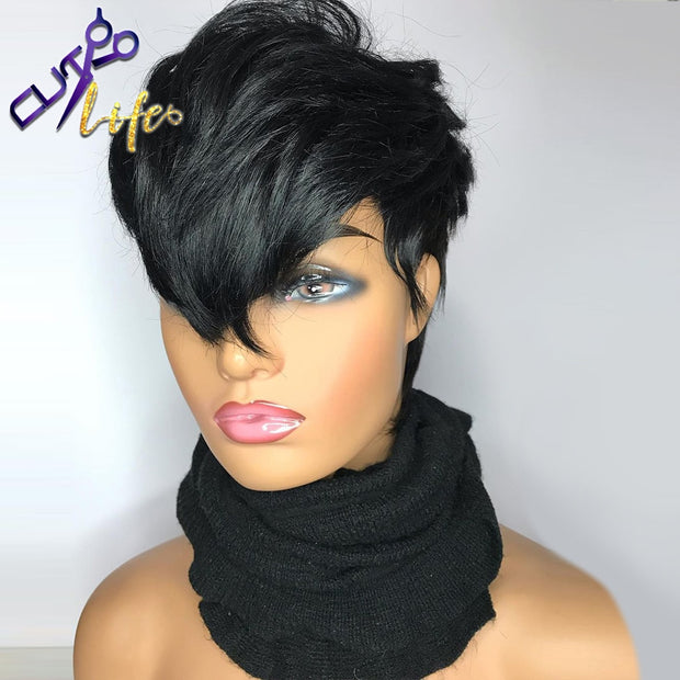 Short Cut Pixie Cut Wigs Wave Wavy Hair Peruvian Remy Human Hair Wig For Women Full Machine Made Wig Black Fast Shipping Culife