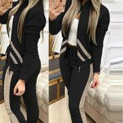 Patchwork Sequin Women&#39;s Tracksuit Zipper Long Sleeve Coat Drawstring Pants Female Sports Sets 2021 New Thin Fashion Ladies Suit