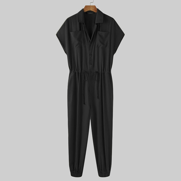 INCERUN Summer Men Casual Jumpsuits Solid Shortsleeve Streetwear Thin Rompers Loose Breathable Button Men Cargo Overalls S-5XL